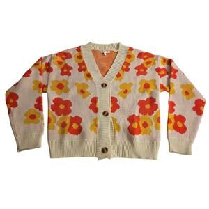 BaeVely Floral Cropped Boxy Oversized Cardigan Small Orange Yellow Cream